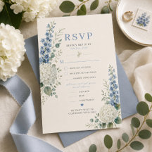 Tarjeta de RSVP de boda botánica azul suave