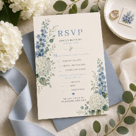 Tarjeta de RSVP de boda botánica azul suave
