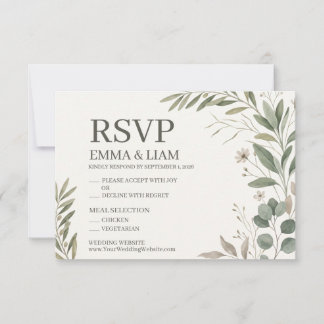 Tarjeta de RSVP de boda botánica en verde salvia e