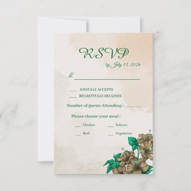 Tarjeta de RSVP de boda botánica verde (Anverso)