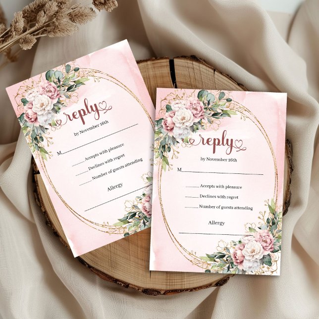 Tarjeta de RSVP de boda chic pastel rosa con veget (Chic Pastel Pink Greenery Wedding RSVP Card)