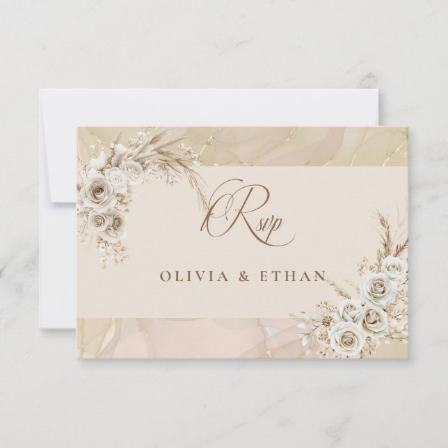 Tarjeta de RSVP de boda con arco floral boho blanc (Anverso)