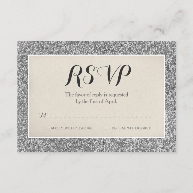 Tarjeta de RSVP de boda con brillo plateado elegan (Anverso)