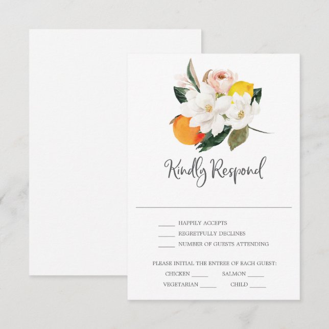 Tarjeta de RSVP de boda con citricos y magnolia (Anverso / Reverso)