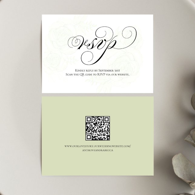 Tarjeta de RSVP de boda con código QR de guión ver (Sage green script RSVP card with QR code for quick and easy wedding responses)