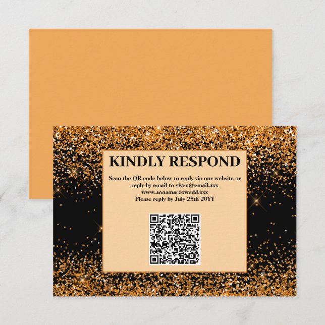 Tarjeta de RSVP de boda con código QR de purpurina (Anverso / Reverso)