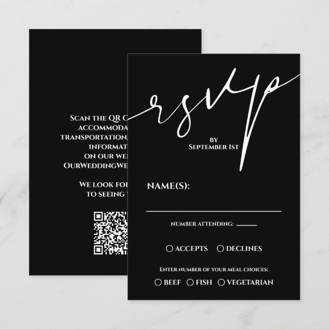 Tarjeta de RSVP de Boda con Código QR en Blanco y  (Anverso / Reverso)
