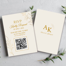 Tarjeta de RSVP de boda con código QR floral dorad