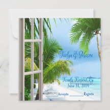 Tarjeta de RSVP de Boda con Escena de Boda Tropica