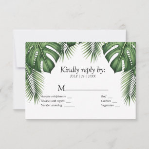 Tarjeta de RSVP de boda con follaje tropical blanc