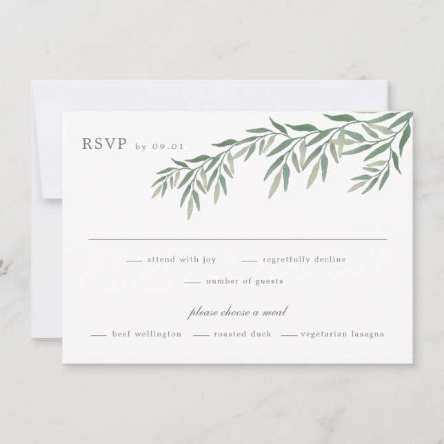 Tarjeta de RSVP de boda con follaje verde elegante (Anverso)