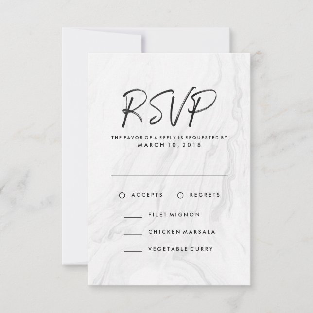 Tarjeta de RSVP de boda con guion de mármol blanco (Anverso)