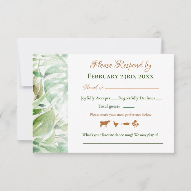 Tarjeta de RSVP de boda con hojas de Monstera dora (Anverso)