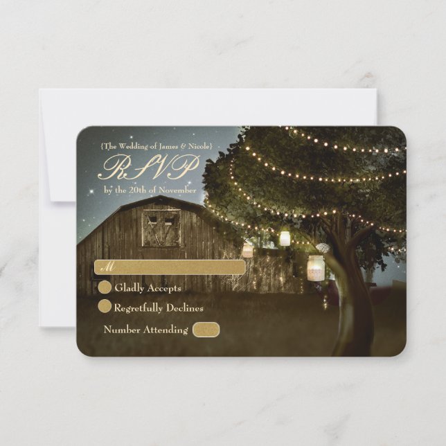 Tarjeta de RSVP de boda con luces de granero rústi (Anverso)