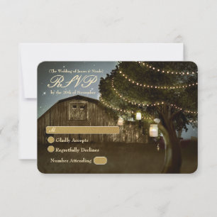 Tarjeta de RSVP de boda con luces de granero rústi