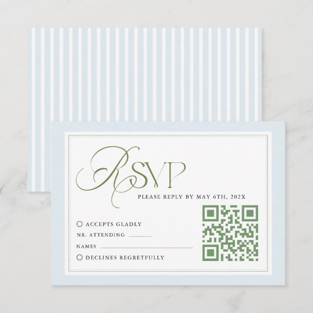 Tarjeta de RSVP de boda con rayas azules con códig (Anverso / Reverso)