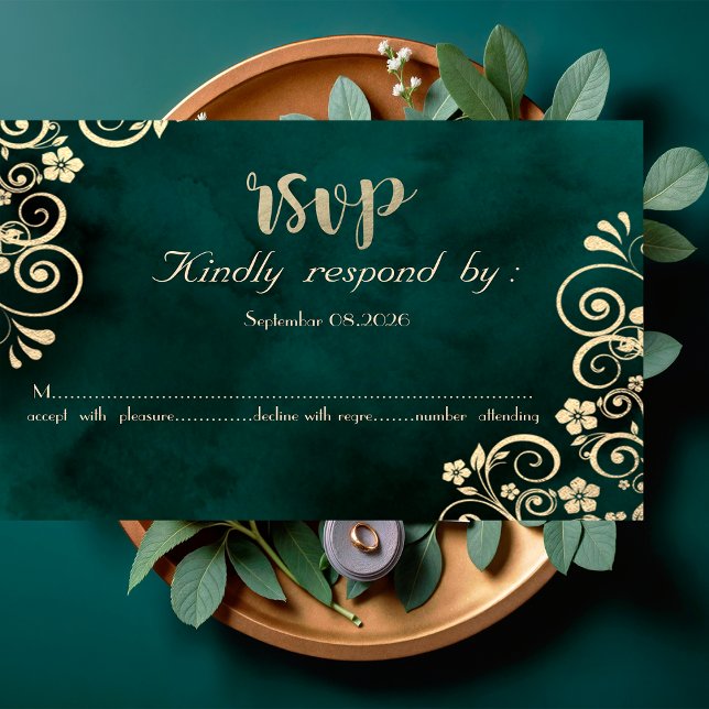 Tarjeta de RSVP de boda con remolinos de oro sobre (Subido por el creador)