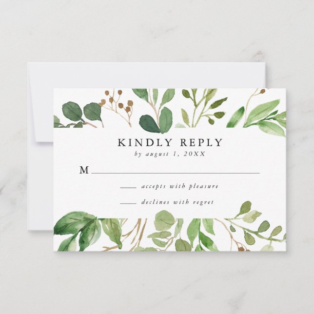 Tarjeta de RSVP de boda con verde acuarela | Verde (Anverso)