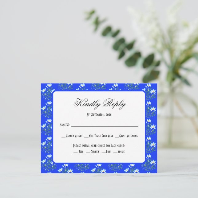 Tarjeta de RSVP de Boda Crocus Azul (Anverso de pie)
