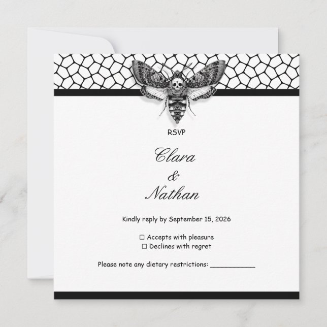Tarjeta de RSVP de boda de cráneo de polilla gótic (Anverso)