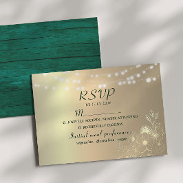 Tarjeta de RSVP de boda de esmeralda rústica dorad