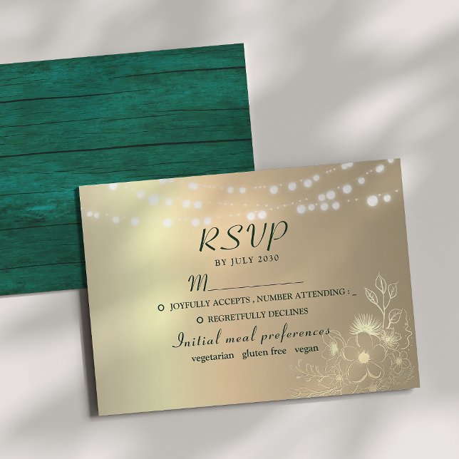 Tarjeta de RSVP de boda de esmeralda rústica dorad (Subido por el creador)