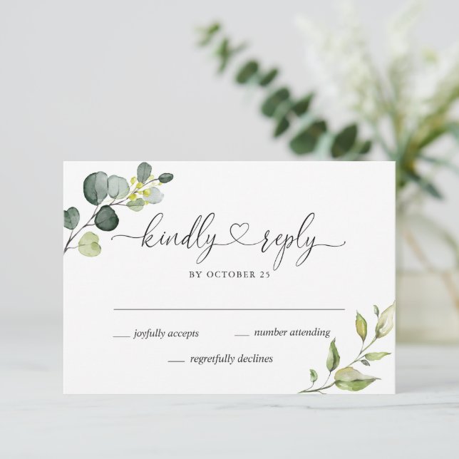 Tarjeta de RSVP de Boda de Eucalipto Simplemente E (Anverso de pie)