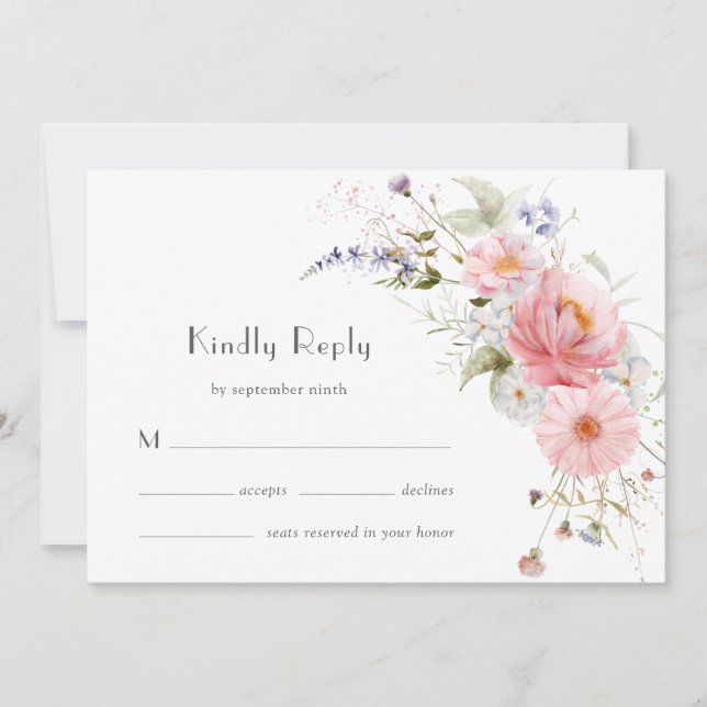 Tarjeta de RSVP de boda de flores silvestres rosad (Anverso)