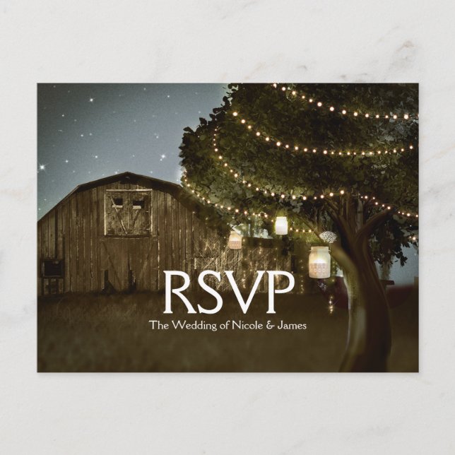 Tarjeta de RSVP de Boda de Granero Rústico y Luces (Anverso)