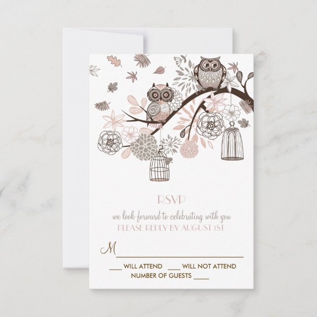 Tarjeta de RSVP de Boda de Invierno con Búhos y Ru (Anverso)