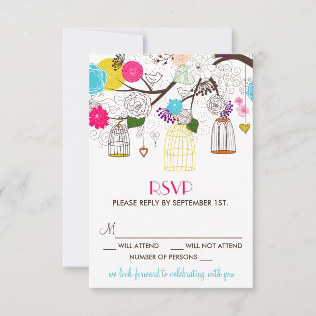 Tarjeta de RSVP de boda de jaulas para pájaros y f (Anverso)