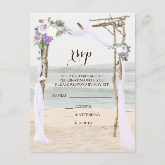 Tarjeta de RSVP de boda de lavanda Beach Arbor (Anverso)