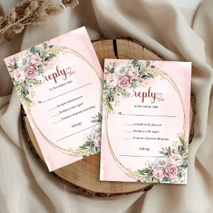 Tarjeta de RSVP de boda de lujo en rosa dorado con