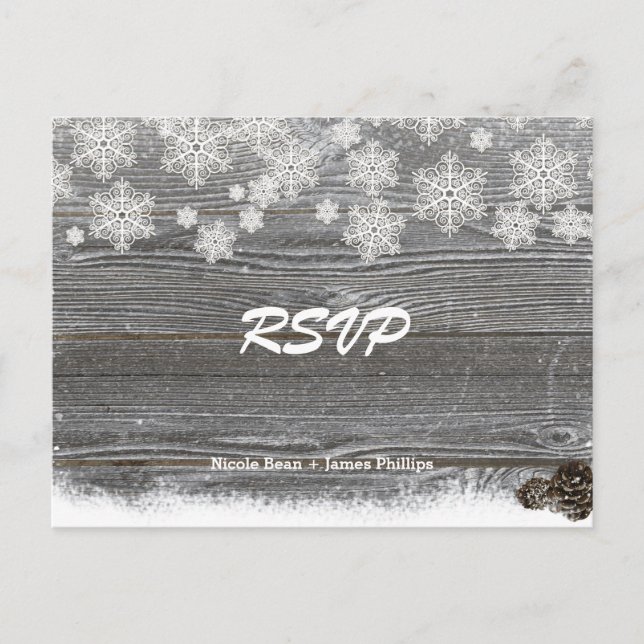Tarjeta de RSVP de boda de Madera Rústica y Copos  (Anverso)