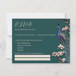Tarjeta de RSVP de boda de pavo real teal y magnol