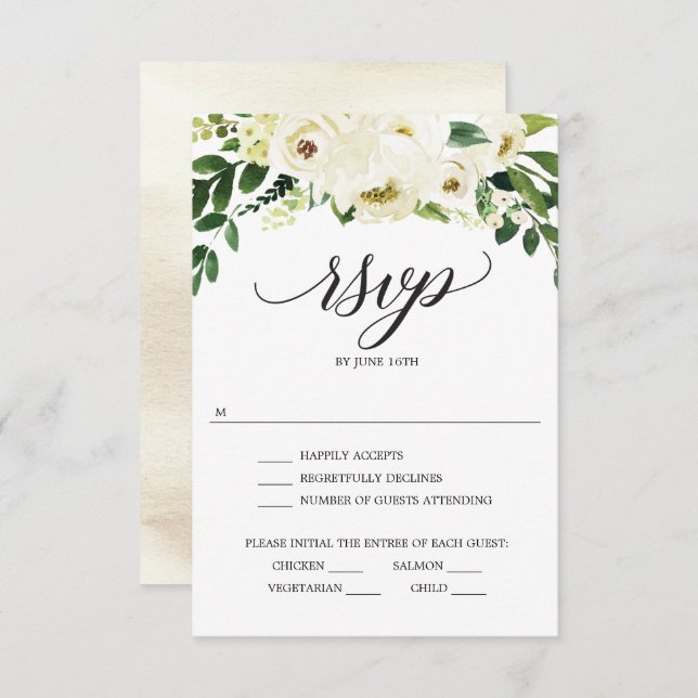Tarjeta de RSVP de Boda de Rosas Blancas (Anverso / Reverso)