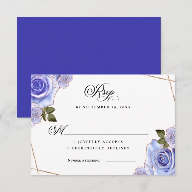 Tarjeta de RSVP de boda de rosas doradas y azules  (Anverso / Reverso)