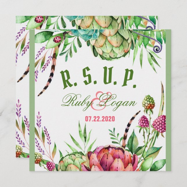 Tarjeta de RSVP de Boda de Suculentas Hermosas (Anverso / Reverso)