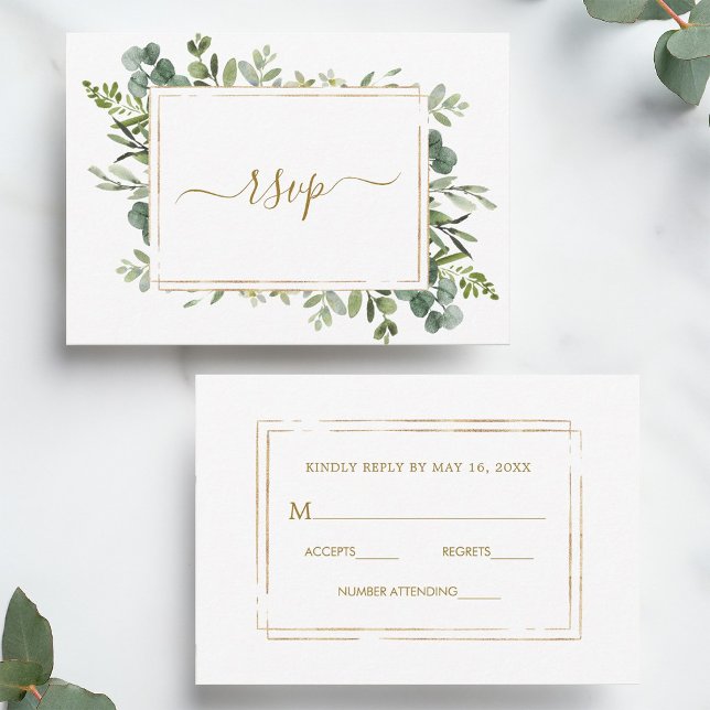 Tarjeta de RSVP de boda de verde dorado botánico (Front & Back)
