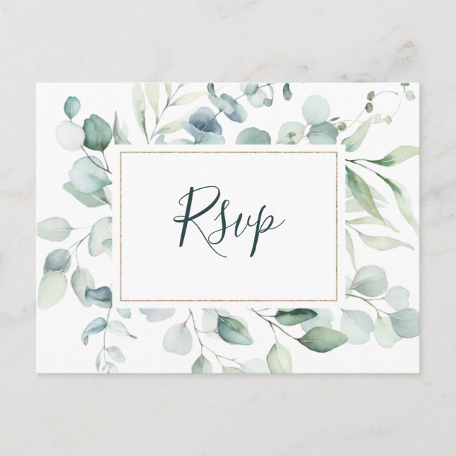 Tarjeta de RSVP de boda de verde dorado eucalipto  (Anverso)