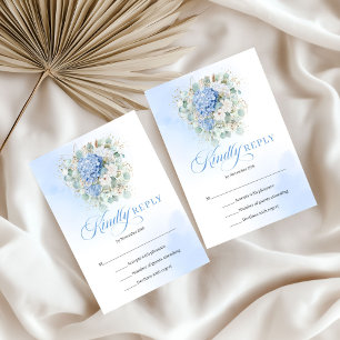 Tarjeta de RSVP de boda dorada con hortensias azul