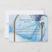 Tarjeta de RSVP de boda elegante azul y dorado