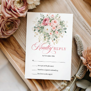 Tarjeta de RSVP de boda elegante Boho Blush Rosas
