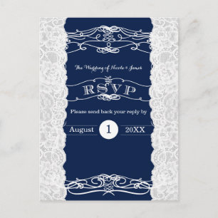 Tarjeta de RSVP de boda elegante de encaje azul y 