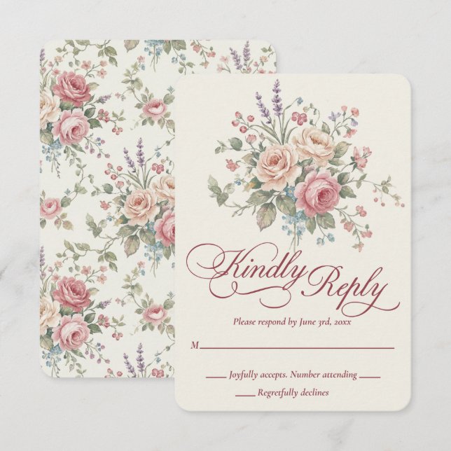 Tarjeta de RSVP de boda elegante de rosas pastel s (Anverso / Reverso)