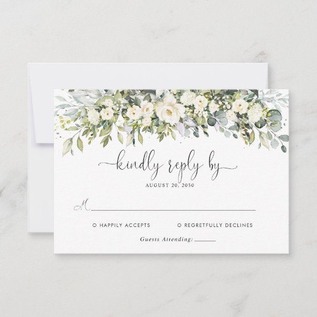 Tarjeta de RSVP de Boda Floral Blanca (Anverso)