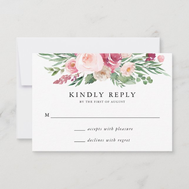 Tarjeta de RSVP de boda floral Boho Blush y rosa p (Anverso)