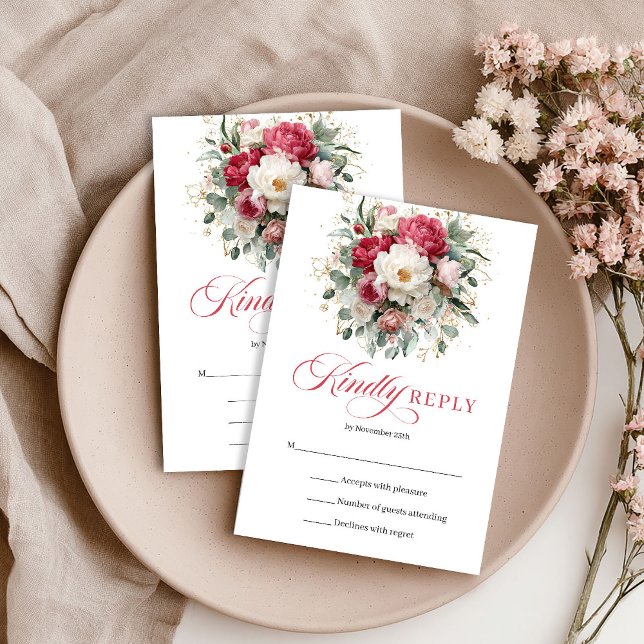 Tarjeta de RSVP de boda floral boho con toque de b (Burgundy Blush Floral Boho Wedding RSVP Card)