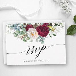 Tarjeta de RSVP de boda floral borgoña caligrafía