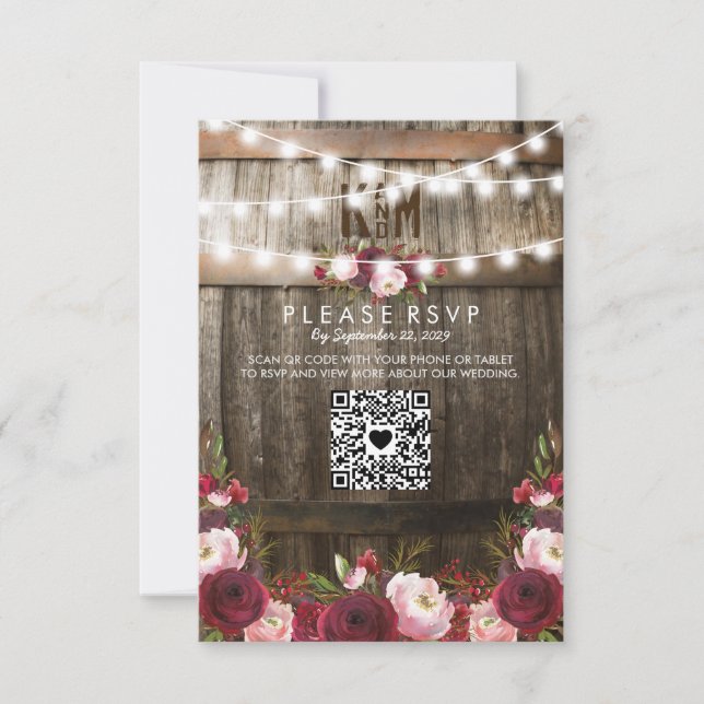 Tarjeta de RSVP de Boda Floral Borgoña Rústica con (Anverso)